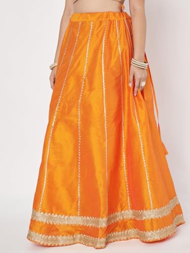 studio rasa Women's Dupion Kalidaar Embellished Bias Skirt for Festive Wedding Party (SKTC62413L_Orange_Large)