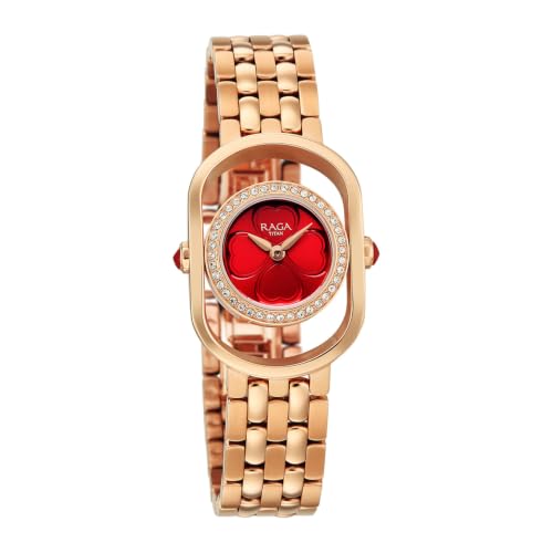 Titan Raga Paris with Love Quartz Analog 3Hands Display Red/Mirror Polished dial with Embossed Pattern Dial Rose Gold Stainless Steel Strap Watch for Women - 2839WM01