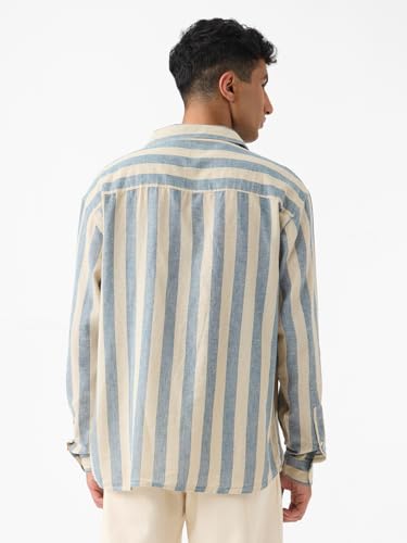 The Souled Store Cotton Linen Stripes: Coastal Men and Boys Long Sleeves Collared Neck Button Front Regular Fit Cotton Linen Shirts