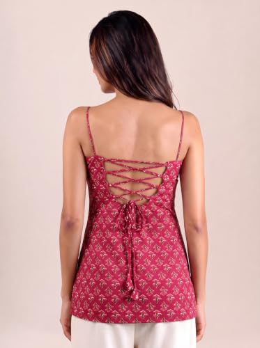 Rangrooh Women's Cotton Sleeveless Kurti | Corset Back Straight Kurta | Printed Ethnic Short Top for Office & Casual Wear - Rose Red