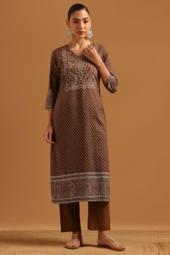 Soch Womens Brown Cotton Block Printed Ethnic Motifs Salwar Suit