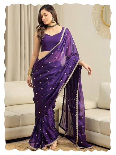 AKHILAM Women's Purple Pure Georgette Embroidered Ready To Wear one Minute Saree With Unstitched Blouse Piece (RTWRADHA1601_RX)
