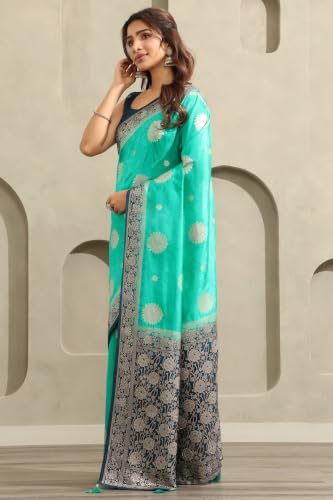Soch Womens Teal Viscose Botanical Zari Woven Saree With Stone Work