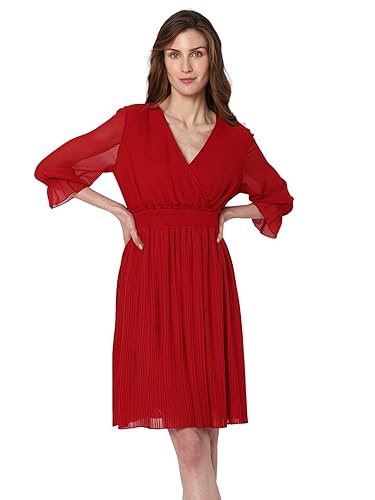 VERO MODA Women Textured Polyester Knee Length Red Fit & Flare Dress