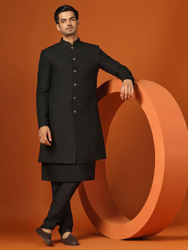 KISAH Men's Kurta Indo-Western Sherwani Trouser Set, Black Jacquard, Woven Design Regular Fit Mandarin Collar Long Sleeves (44)