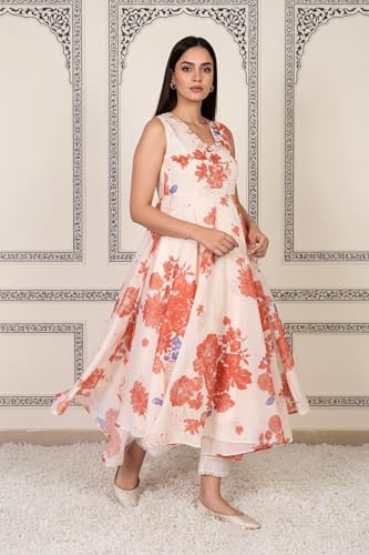 W for Woman Peach Floral Printed Chanderi Flared Kurta with Straight Pant and Dupatta Set (WS12803-125939-2XL)