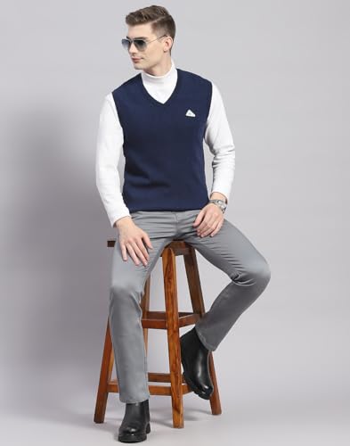 Monte Carlo Mens Blue Solid V Neck Sleeveless Wool Casual Sweater | Warm Woolen Pullover for Men | Soft Comfortable Knitted Winter Wear Sweater for Men's