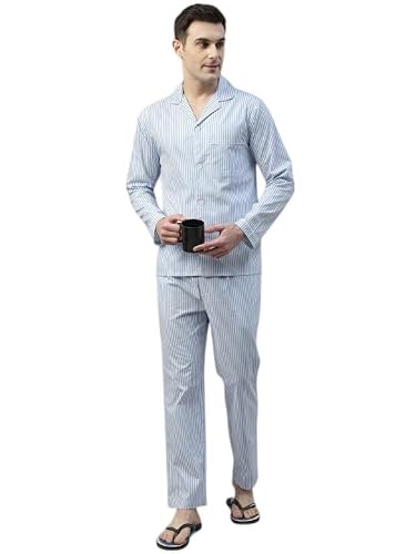 Hancock Men Cotton Striped Relaxed Fit Night Suit White Size S