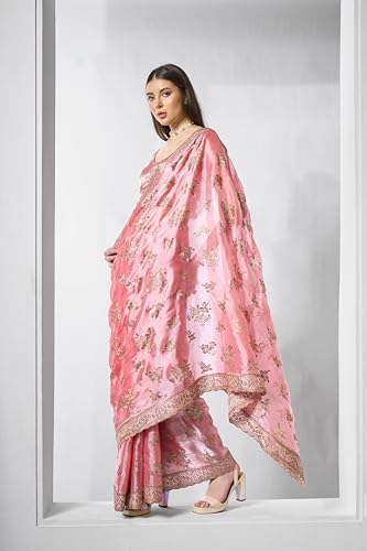 ORHANS Women's Organza Embroidered Work Saree With Organza Matching With Unstitched Blouse Piece