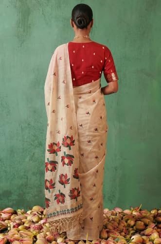 Label Aarna Women's Red-Beige Cotton Saree with Unstitched Blouse Piece | Woven | Floral Design | Traditional Occasion Wear