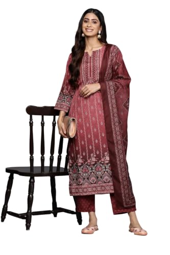 Women's Maroon Printed Cotton Kurta With Pant And Dupatta
