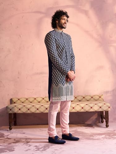 VASTRAMAY Men's Navy Blue And Pink Viscose Sherwani Set_VSHRMIW227NBnK169PNnVP2PN_40