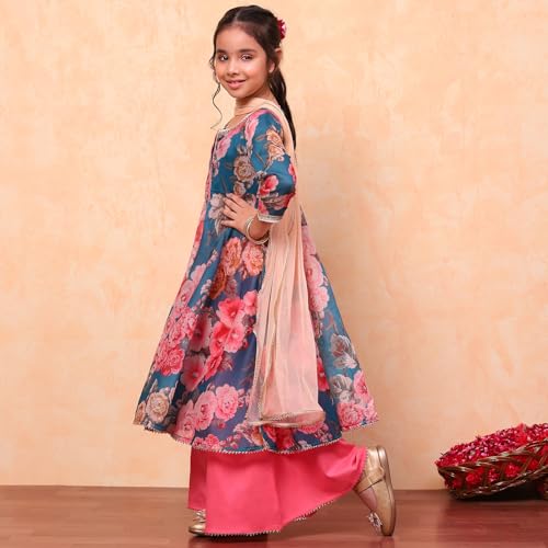 Biba Girls Modal Teal and Pink Floral Printed Flared Festive Suit Set, 9-10 Y