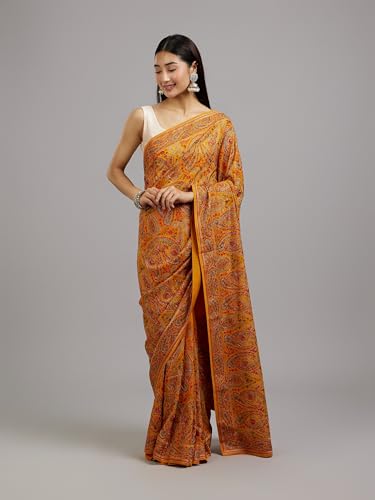 MOHEY Women's Georgette Imperial Paisley Patterned Saree(Mustard Yellow)