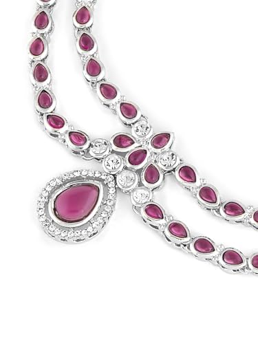 Ami Purple Stones Dazzling Austrian Diamonds Necklace Earring and Maangtikka Set For Women-ZPFK19470
