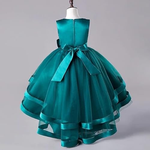 KIYOL Girls Dress with Sequin Bodice & Satin Bow | Round Neck Layered Tulle Frock for Birthday, Wedding & Special Occasions (Kingfisher-Blue-6-7 Y)