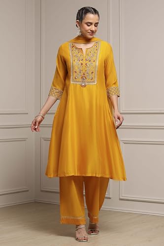 Biba Women Yellow Viscose Rayon A-Line Solid Suit Set_38