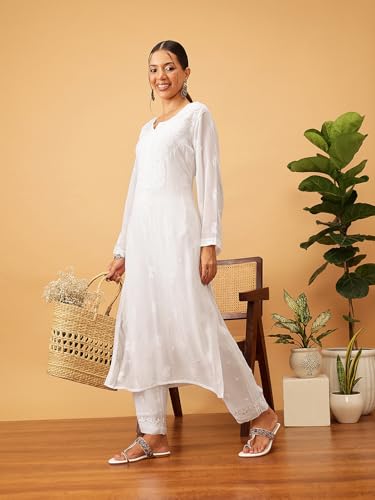 Ada Hand Embroidered Lucknowi Chikankari Viscose Georgette Kurta and Pant Set for Women A811292 White (M)