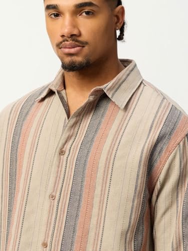 The Souled Store Canyon Men and Boys Long Sleeve Spread Collar Beige Striped Cotton Blend Lightweight Everyday Office Wear Easy to Style Casual Relaxed Shirt