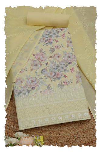 Soch Womens Light Yellow Cotton Floral Print Unstitch Dress Material With Thread Work