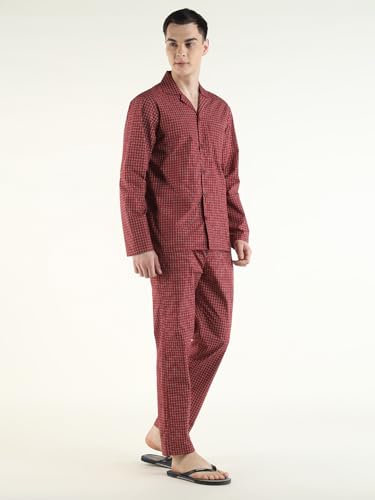 Hancock Men Cotton Checked Relaxed Fit Night Suit Red Size S