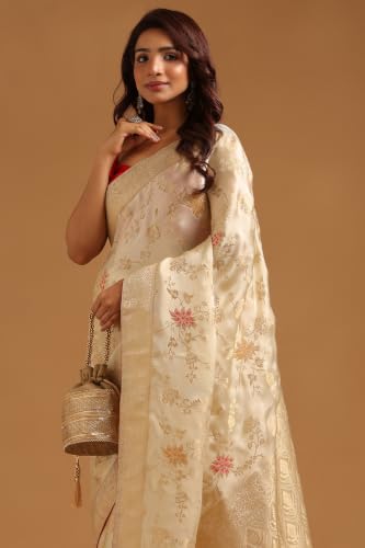 Soch Womens Cream Satin Botanical Zari Woven Saree