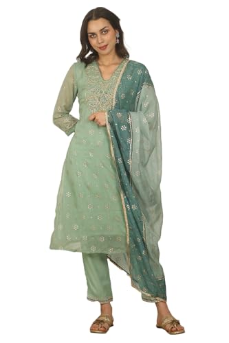 W for Woman Solid Embroidered Straight Organza Suble Green Kurta, Pant and Dupatta Set (Size: 2XL)-24AUWS11709-124502