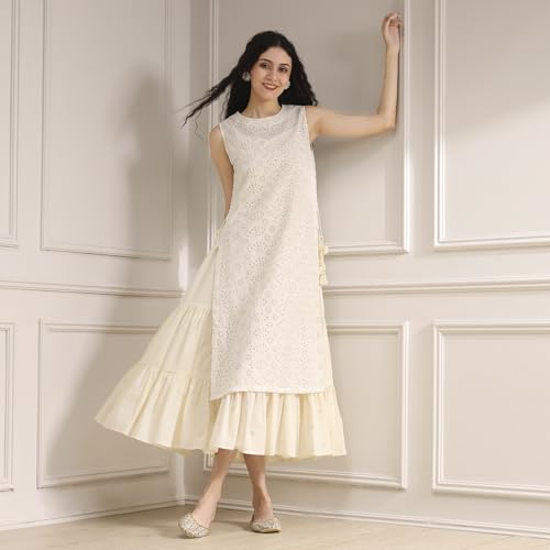 Biba Women's Cotton Embroidered Straight Kurta (SKDSCHIFFLI10573SS25OWH_Off White
