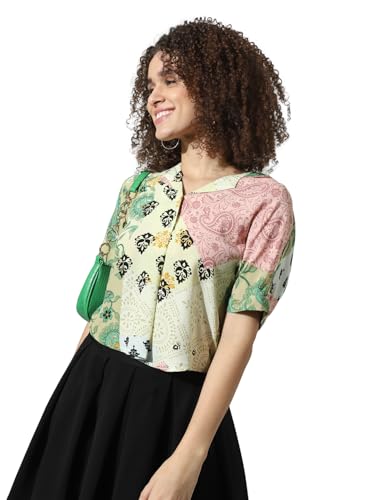 ONLY Women Printed Viscose Crop Length Green Shirt
