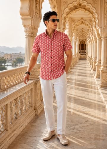 Majestic Man Men's Sanganeri Printed Pure Cotton Casual Shirt | Half Sleeve | Slim Fit | Collared Neck | Stylish Everyday Wear (Peach, XX-Large)