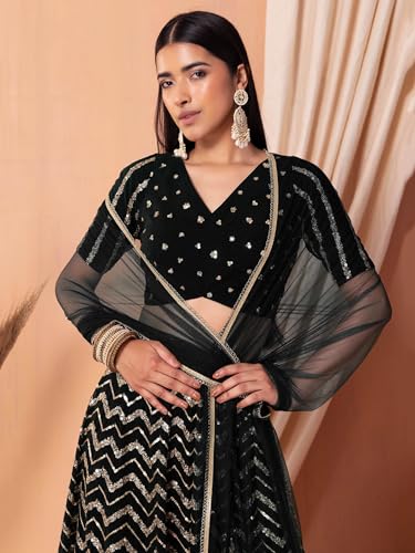 Zeel Clothing Women's Sequins Zari Embroidered Georgette Designer Lehenga Choli with Dupatta (7094-Black-Womens-Lehenga-Choli-Latest; Free Size) (Black)