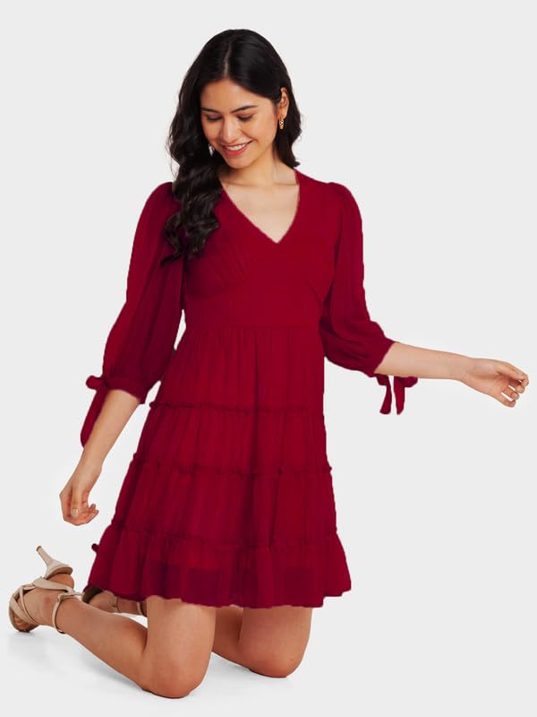 Zink London Women's Crimson Red Solid Fit and Flare Short Dress