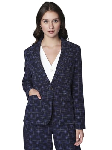 VERO MODA Women Checkered Polyester Blend Navy Blue Blazer