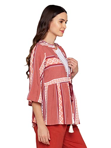 Zink London Women's Rayon Printed Tie-Up Round Neck Shrug (Red, Medium)