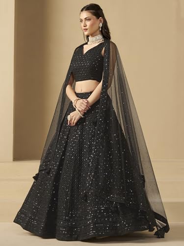 Zeel Clothing Women's Sequins Thread Embroidered Georgette Lehenga Choli With Dupatta (5124-Women-Lehenga-Choli-New; Free size) (Yellow) (Black)