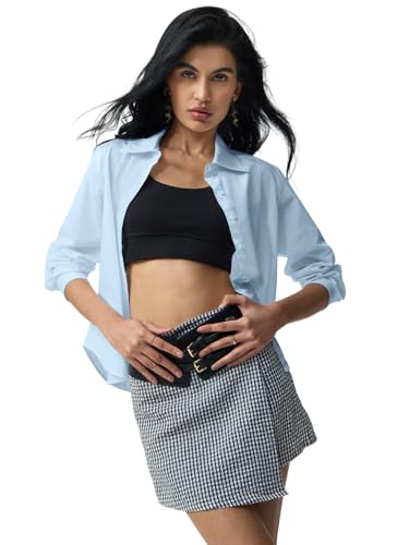 The Souled Store Classic Solids: Baby Blue Women and Girls Full Length Sleeves Collared Light Blue Solid Cotton Regular Fit Breathable Lightweight Everyday All-Season Button Down Shirt