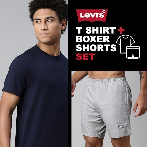 Levis' Men's Regular Fit 100% Cotton Round Neck Half Sleeve T Shirt with Solid Boxer Shorts Set (Navy Blazer/Grey Melange, L)