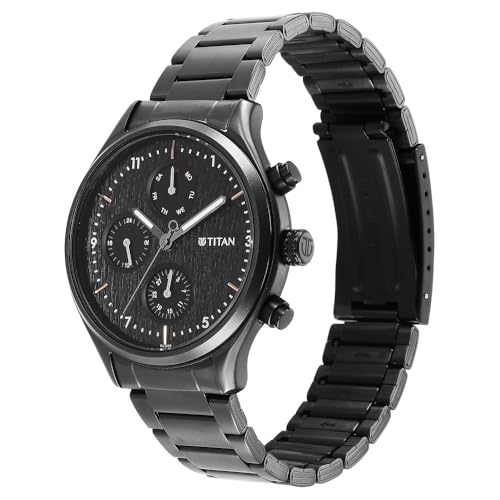 Titan Neo Quartz Multifunction Black Dial Black Stainless Steel Strap Watch for Men - NT1803NM01