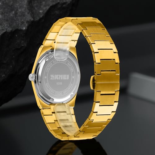 SKMEI Claasic Style Quartz Watch for Men Analog Display Black Dial Zinc Alloy Men's Stainless Steel Gold Color Stylish Band, Water-Resistant & Scratch-Resistant-9288