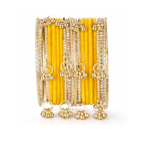 Shining Diva Fashion 20 Pcs Traditional Stylish Ghungroo Velvet Kashmiri Bangles Set for Women & Girls (17415b_2.6) (Yellow)
