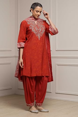 Biba Women Burnt Orange Viscose Blend Straight Printed Suit Set_42