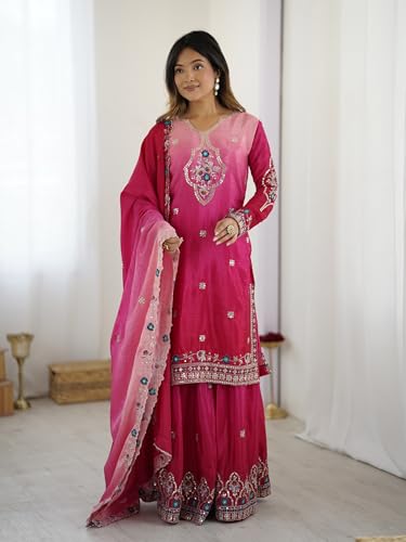 Leeli Peeri Designer Women's Chinon Silk Embroidery Kurta Palazzo and Dupatta Set
