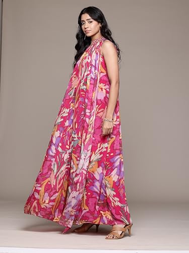 Ritu Kumar Band Collar Sleeveless Long Dress Fushcia