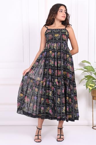 W for Woman Black Floral Printed Poly Georgette Flared Dress with Embroidered Waist Coat Set - (W12969-125847-M)