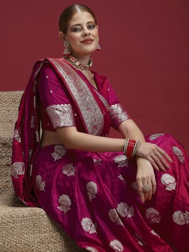 AKHILAM Women's Pink Satin Silk Floral Printed Saree With Unstitched Blouse Piece (RNGREET306_HS)