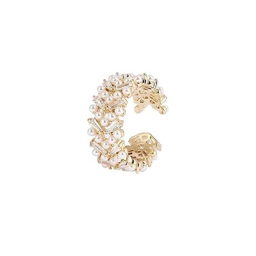 Bling Queen Women's Open Ring Studded With Pearls And Cubic Zirconia