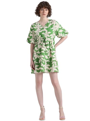 ONLY Women Printed Polyester Short Length Fit & Flare Green Tiered Dress