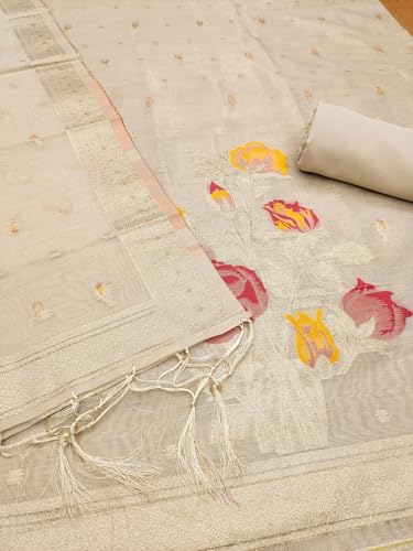 SHANTVAN GALLERY Unstitched Dress Material for Women Cotton Dress Material for Women Tissue Shimmer Top 0.5m Sleeves Semi Cotton Bottom 2.5m Jacquard Dupatta 2.3m Tassels Suit Set - White