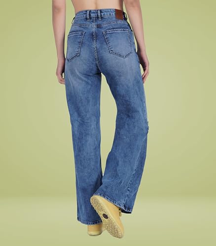 i'sol Women's Stretchable High Rise Flare Fit Bell Bottom Jeans, Blue, 30