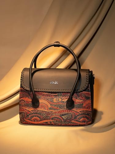 ZOUK Pithora Artistry Abstract Printed Jute Handcrafted Vegan Leather Multicolor Women's Satchel Bag | Ladies Purse Handbag | Double Handle Detachable Strap